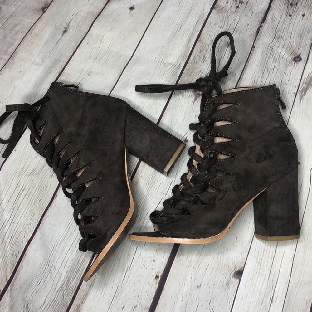 Brown strap tie ankle booties size 8